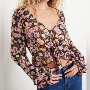 Free People Brown Floral Tie-Front Blouse with Pink & Lavender Flowers